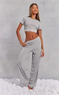download Tie Waist Crop Top And Wide Leg Trouser Grey - Image 1