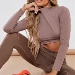 Plt mocha exposed seam long sleeve crop top