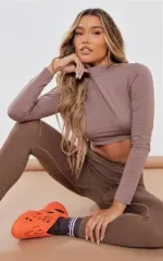 Plt mocha exposed seam long sleeve crop top