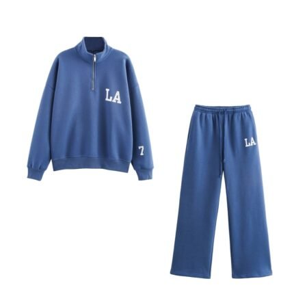 LA Varsity Tracksuit Set – Washed Blue Fleece Quarter-Zip + Joggers