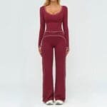 Contrast Trim Long Sleeve Yoga Set – Premium Flare Pants Edition