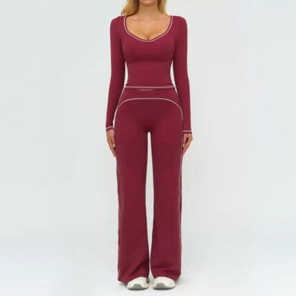 Contrast Trim Long Sleeve Yoga Set – Premium Flare Pants Edition