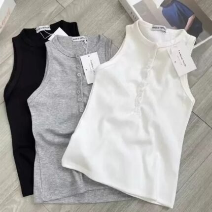 Henry Collar Button Sleeveless Top
