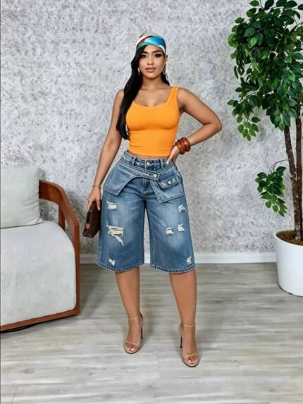 Distressed Denim Bermuda Shorts